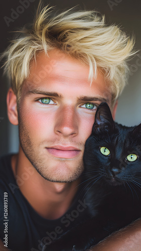 A blond man with green eyes, hugging a black cat