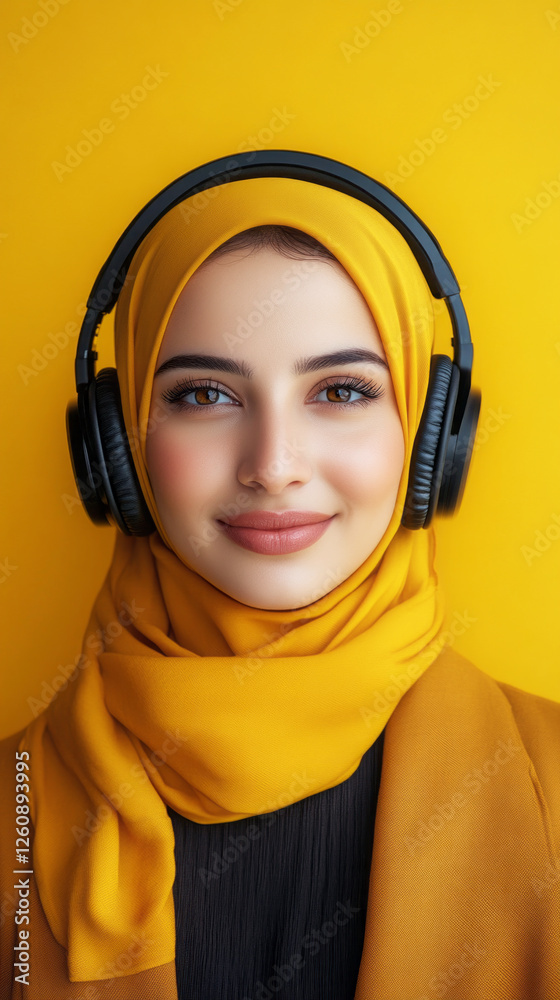 The joyful Arab girl, wearing white headphones, smiles softly against a yellow background, creating a serene, modern minimalistic mock-up