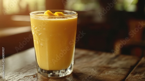 Lassi with mango, traditional indian drink, selective focus