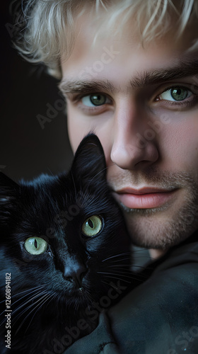 A blond man with green eyes, hugging a black cat