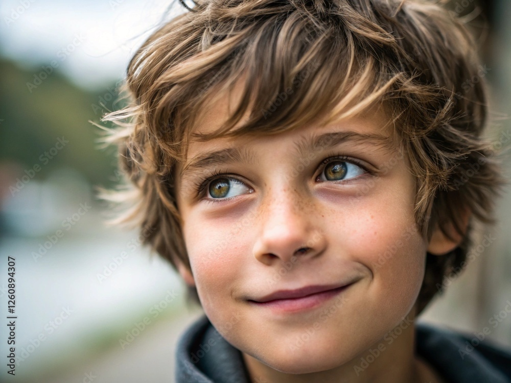 Young boy portrait, tousled wavy brown hair, bright blue eyes, playful smile, dimples, freckles, outdoor setting, soft focus background, natural lighting, close-up shot, innocence, childhood joy Young boy portrait, tousled wavy brown hair, bright blue eyes, playful smile, dimples, freckles, outdoor setting, soft focus background, natural lighting, close-up shot, innocence, childhood joy