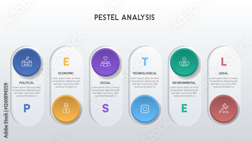 Modern PESTEL Analysis Infographic with White Background and Circular 3D Icons