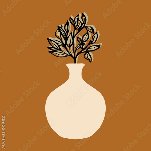 A linear graphic branch with leaves in a simple vase. Botanical illustration in retro style. Vector decor element isolated on a background.