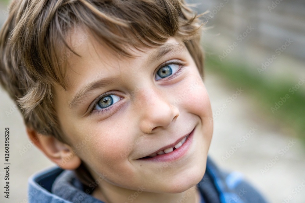Young child portrait, bright blue eyes, cheerful smile, tousled brown hair, outdoor setting, natural lighting, close-up, soft focus background, innocent expression, joyful demeanor, vibrant Young child portrait, bright blue eyes, cheerful smile, tousled brown hair, outdoor setting, natural lighting, close-up, soft focus background, innocent expression, joyful demeanor, vibrant