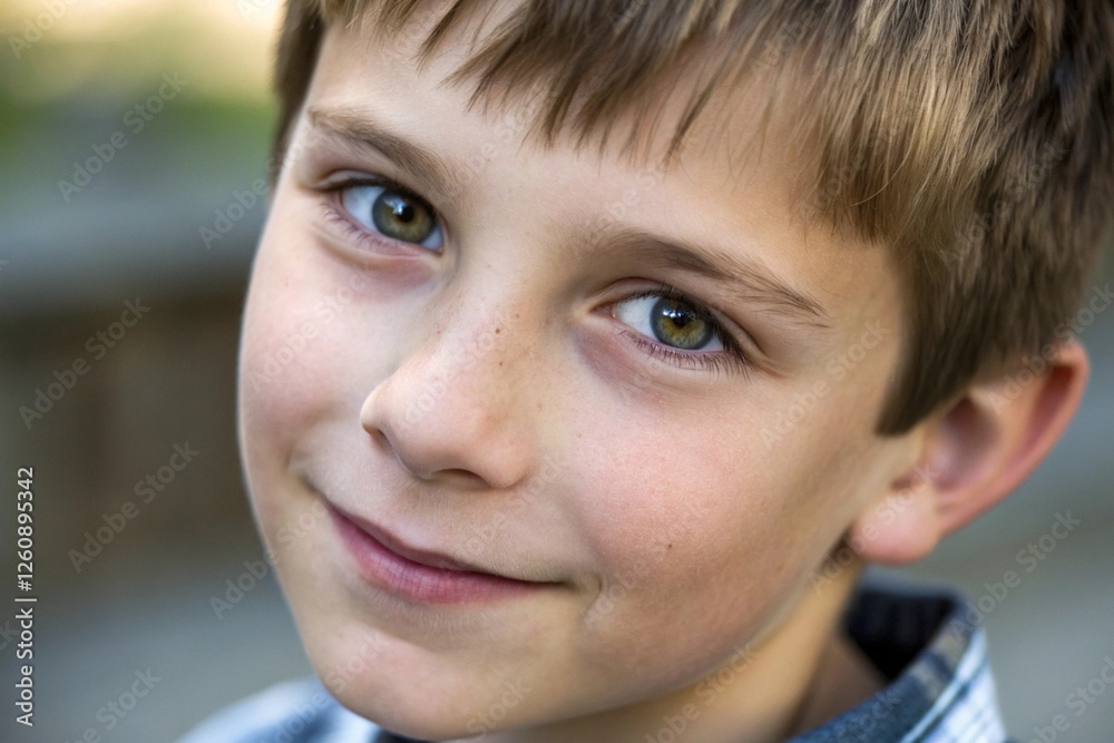 Portrait, young boy, close-up, freckles, bright eyes, gentle smile, soft lighting, shallow depth of field, natural outdoor setting, innocence, childhood, warmth, photorealistic, high detail Portrait, young boy, close-up, freckles, bright eyes, gentle smile, soft lighting, shallow depth of field, natural outdoor setting, innocence, childhood, warmth, photorealistic, high detail