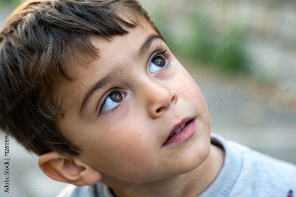 Young child, close-up portrait, large expressive eyes, soft lighting, outdoor setting, blurred background, innocence, wonder, curiosity, photorealistic, high detail, warm tones, 85mm lens Young child, close-up portrait, large expressive eyes, soft lighting, outdoor setting, blurred background, innocence, wonder, curiosity, photorealistic, high detail, warm tones, 85mm lens