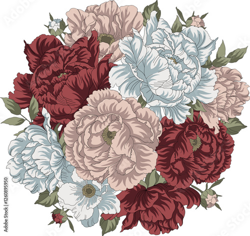 Vector hand-drawn illustration of flower bouquet with peonies and roses