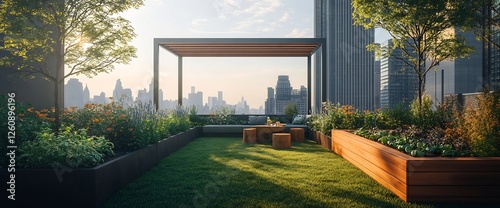 Rooftop garden with city view, relaxing urban oasis