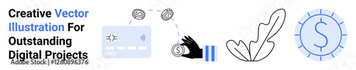 Bank card and coin exchange process, hand gesture, leaf symbol, and clock indicating funds and progress. Ideal for fintech, savings, eco-finance, growth, minimal branding business ideas flat
