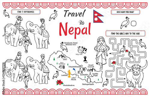 A fun placemat for kids. Printable “Travel to Nepal” activity sheet with a labyrinth and find the differences. 17x11 inch printable vector file