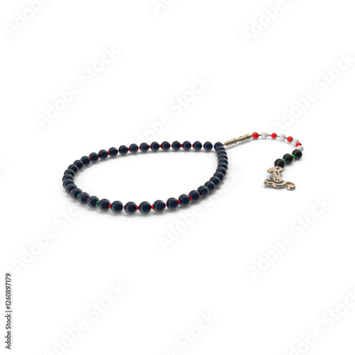 Religious beads isolated for prying, Agate stone prayer beads tasbih on a white background, Prayer beads in the shape of a crescent for Ramadan, Islam necklace beads, and rosary icon