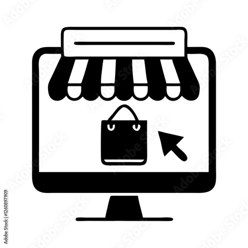 Online store icon with computer screen, shopping bag, and cursor arrow, black and white design
