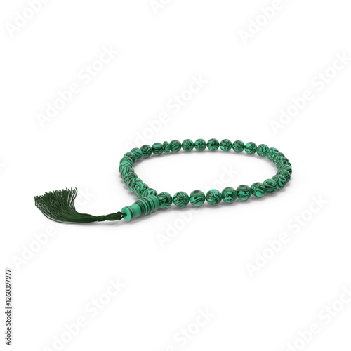 Religious beads isolated for prying, Agate stone prayer beads tasbih on a white background, Prayer beads in the shape of a crescent for Ramadan, Islam necklace beads, and rosary icon