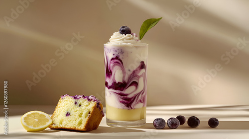 A delightful drink and a piece of cake, with lemon and blueberries, bathed in soft lighting, very tasty!