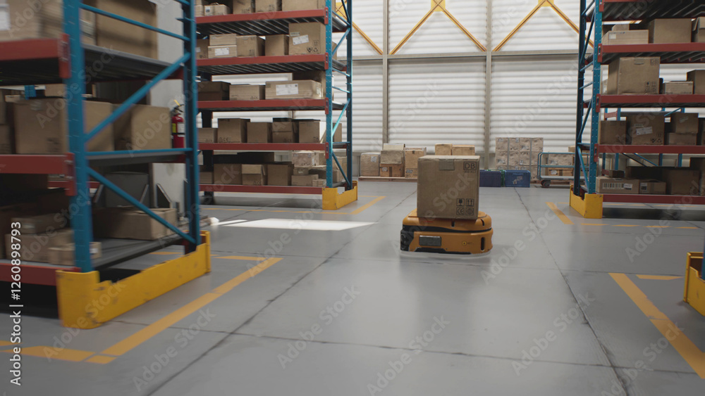 Logistics Distribution Center: Automated Guided Vehicles Transporting Cardboard Boxes in Modern Retail Warehouse. AGV Robots Carrying and Delivering Packages with Products, Goods. 3D Future Technology Logistics Distribution Center: Automated Guided Vehicles Transporting Cardboard Boxes in Modern Retail Warehouse. AGV Robots Carrying and Delivering Packages with Products, Goods. 3D Future Technology