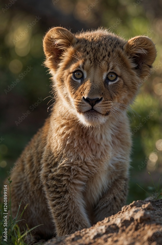 Obraz premium Cute lion cub looking curious in natural habitat during golden hour