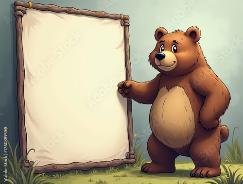 Illustration of a bear next to a blank advertising banner