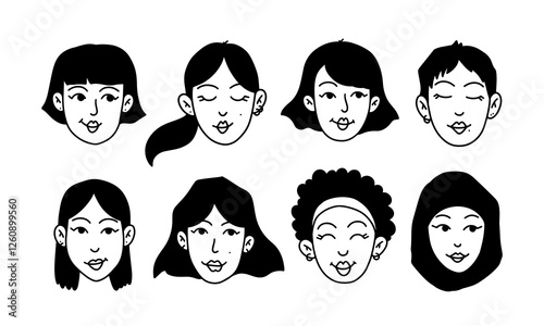 Doodle set of Women different nationalities and cultures hand drawn illustration. International Womens Day. Vector line art faces sketch, black and white ink