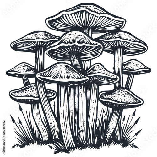 Vector illustration of a cluster of mushrooms. Black and white, detailed engraving style.  Perfect for nature, botanical or food related designs.