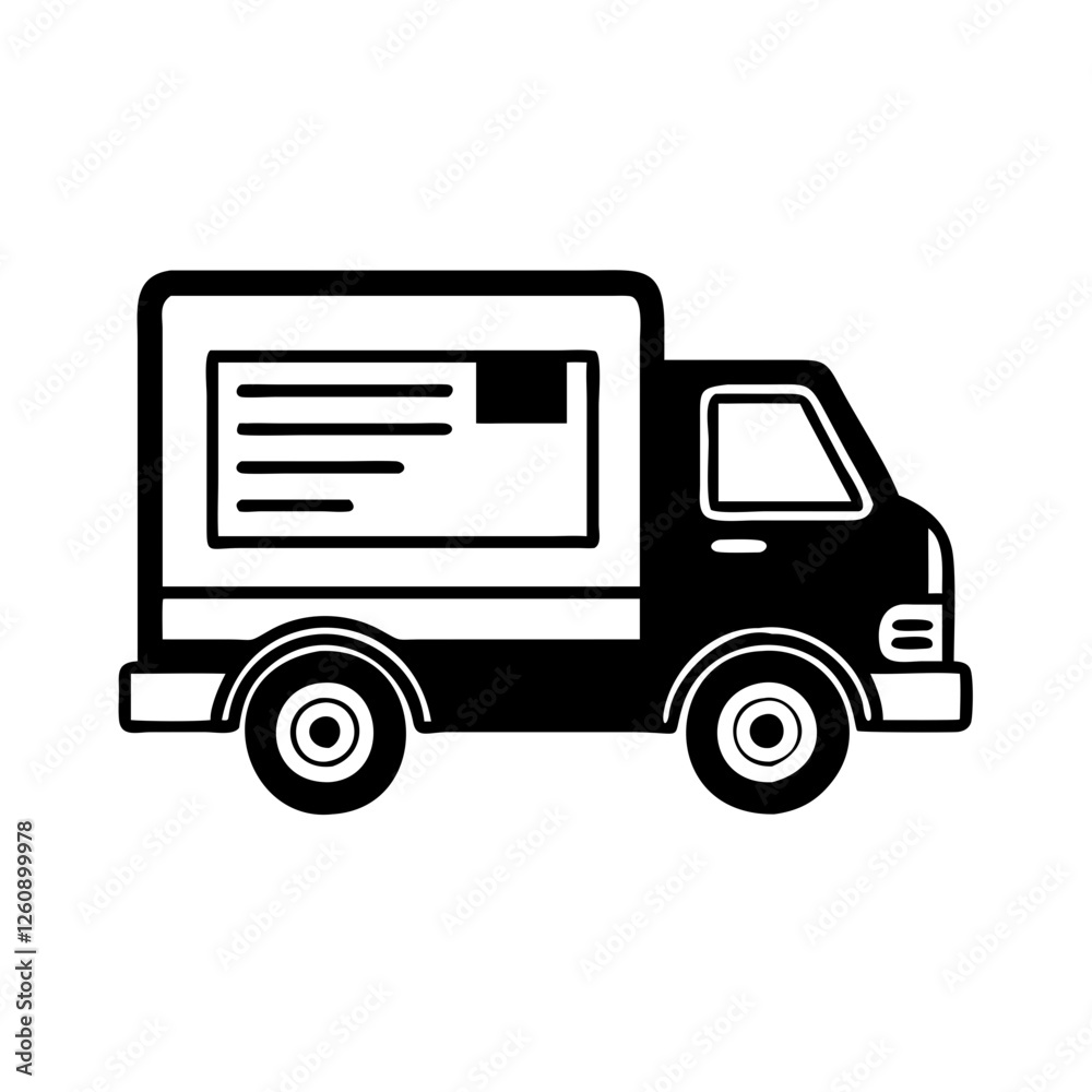 Delivery truck icon, side view, black and white graphic, shipping vehicle Delivery truck icon, side view, black and white graphic, shipping vehicle