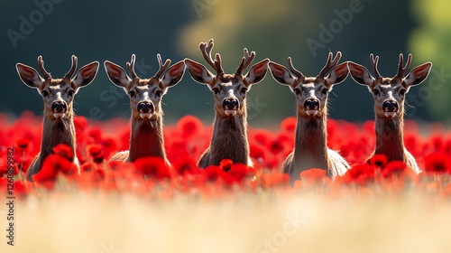 Five Deer Stand Among Red Poppies In Field