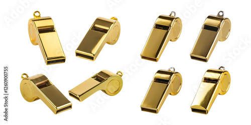 Group of eight shiny gold whistles arranged on a white background