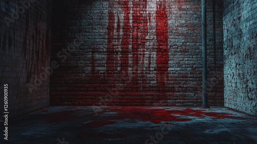 Dark alley with blood splatter on brick wall in abandoned urban setting