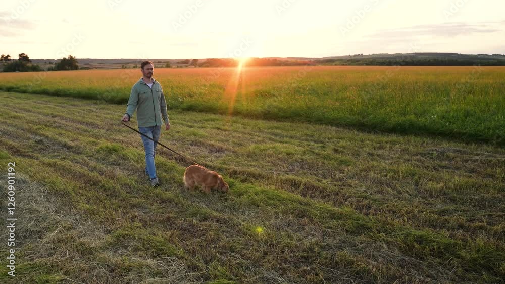 Caring man walks small cocker spaniel dog in field with mown grass at sunset time owner enjoys walking hound spaniel dog in rural park man with red-haired spaniel dog in country park on weekend Caring man walks small cocker spaniel dog in field with mown grass at sunset time owner enjoys walking hound spaniel dog in rural park man with red-haired spaniel dog in country park on weekend