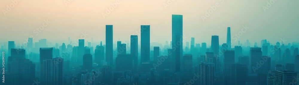 City skyline at dusk with a teal hue and silhouetted buildings. City skyline at dusk with a teal hue and silhouetted buildings.