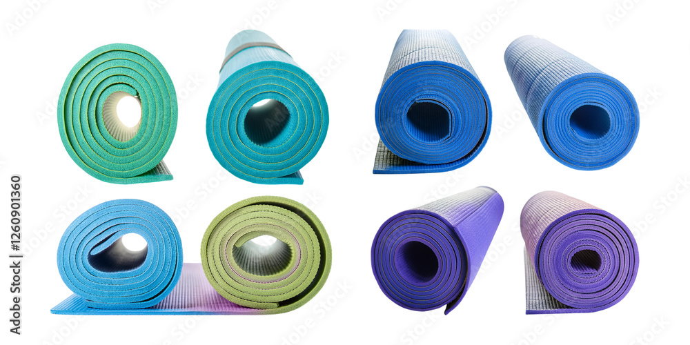 Colorful Yoga Mats Rolled Up in Different Arrangements and Shades Colorful Yoga Mats Rolled Up in Different Arrangements and Shades