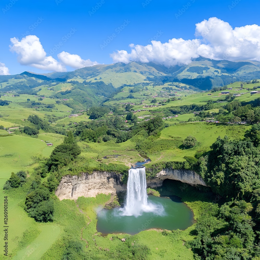 Fototapeta premium Aerial View Of Waterfall In Lush Green Valley