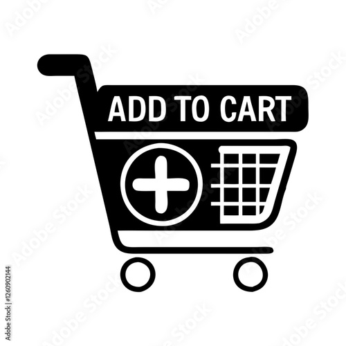 Add to cart icon featuring shopping cart and medical cross, black and white graphic