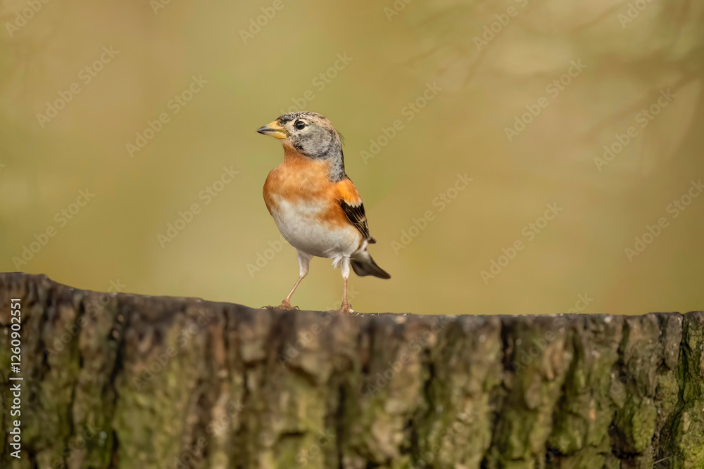 Brambling male, perched on a tree stump, in a forest in Scotland, close up in winter Brambling male, perched on a tree stump, in a forest in Scotland, close up in winter
