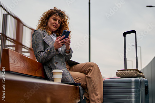 Sitting on a bench, a Caucasian woman uses her phone, holding a takeaway coffee with a suitcase beside her, patiently waiting for the bus.