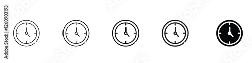 set of 5 pixel perfect Clock icon with 1 unexpanded, 1 silhouette, A clock icon represents time, scheduling and deadlines