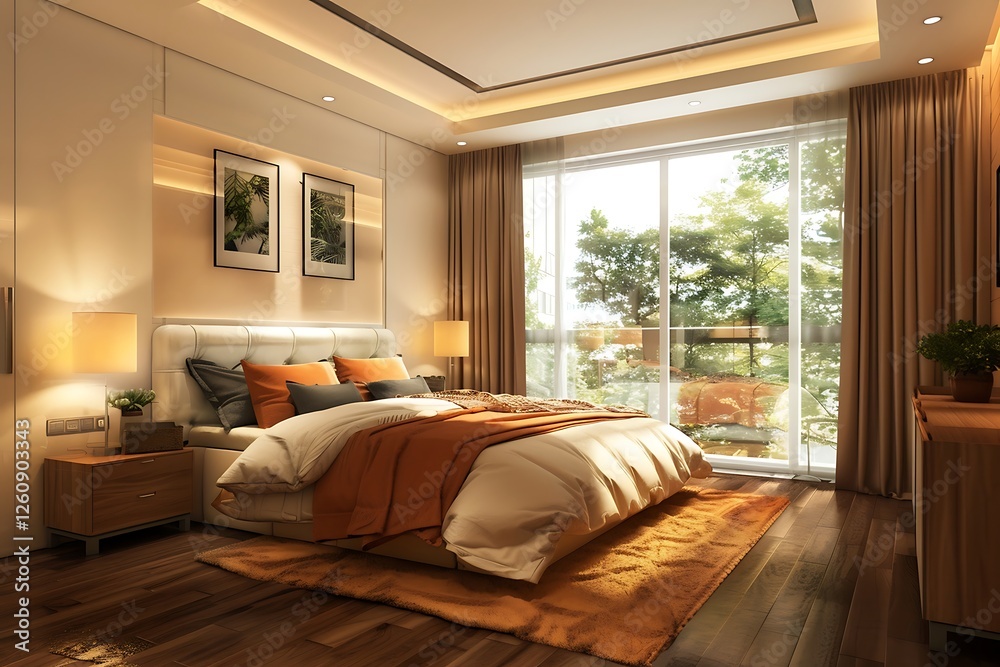 Fototapeta premium Luxury bedroom with orange and white bedding and pillows