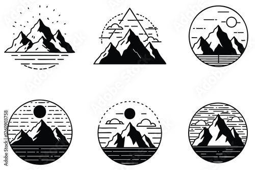 Six stylized black and white illustrations of mountain landscapes framed in circles