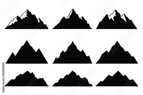 This image features nine distinct silhouettes of mountains, each with varied peak shapes and sizes