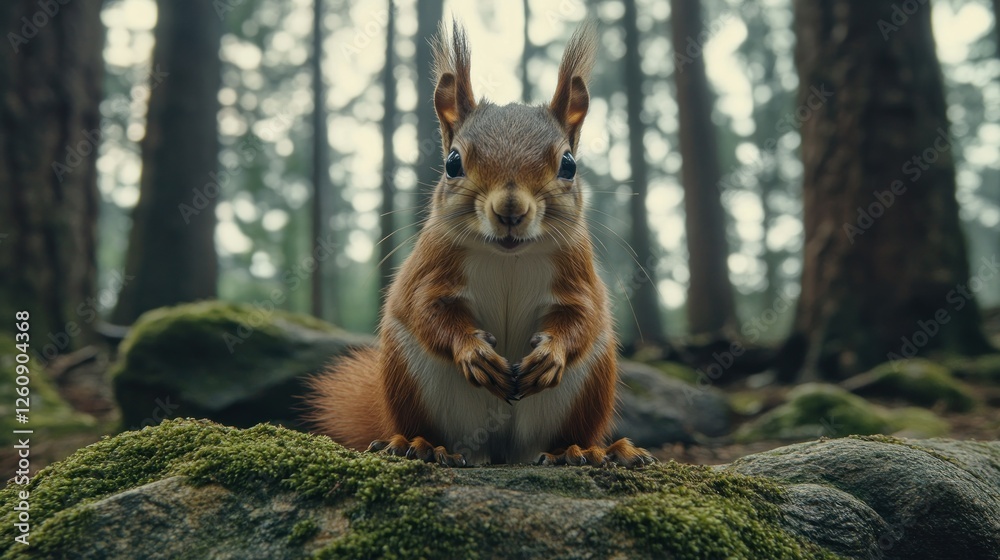 Obraz premium Curious red squirrel posing on moss-covered rock in misty forest