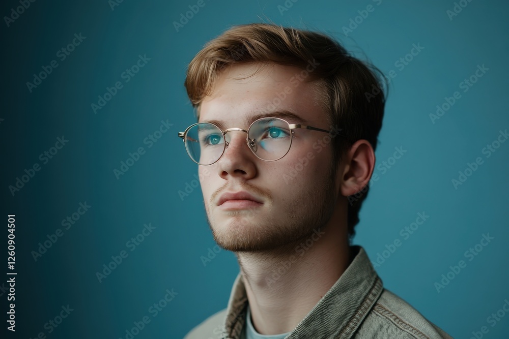 Thoughtful Young Man with Glasses Against a Blue Background Thoughtful Young Man with Glasses Against a Blue Background