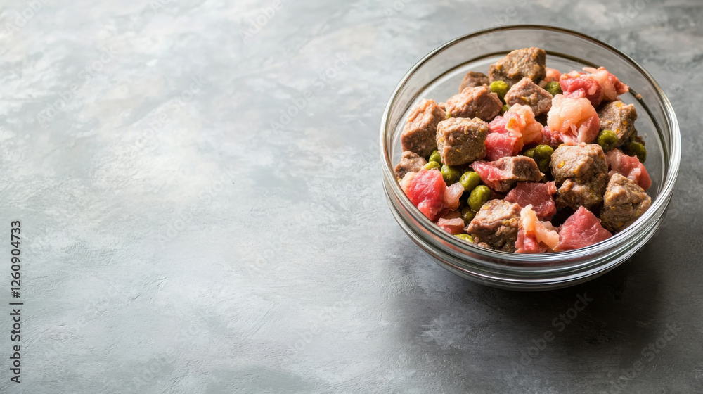 Nutritious bowl of meat chunks and kibble for pets, showcasing healthy meal option. Perfect for pet owners seeking quality food for their furry friends Nutritious bowl of meat chunks and kibble for pets, showcasing healthy meal option. Perfect for pet owners seeking quality food for their furry friends