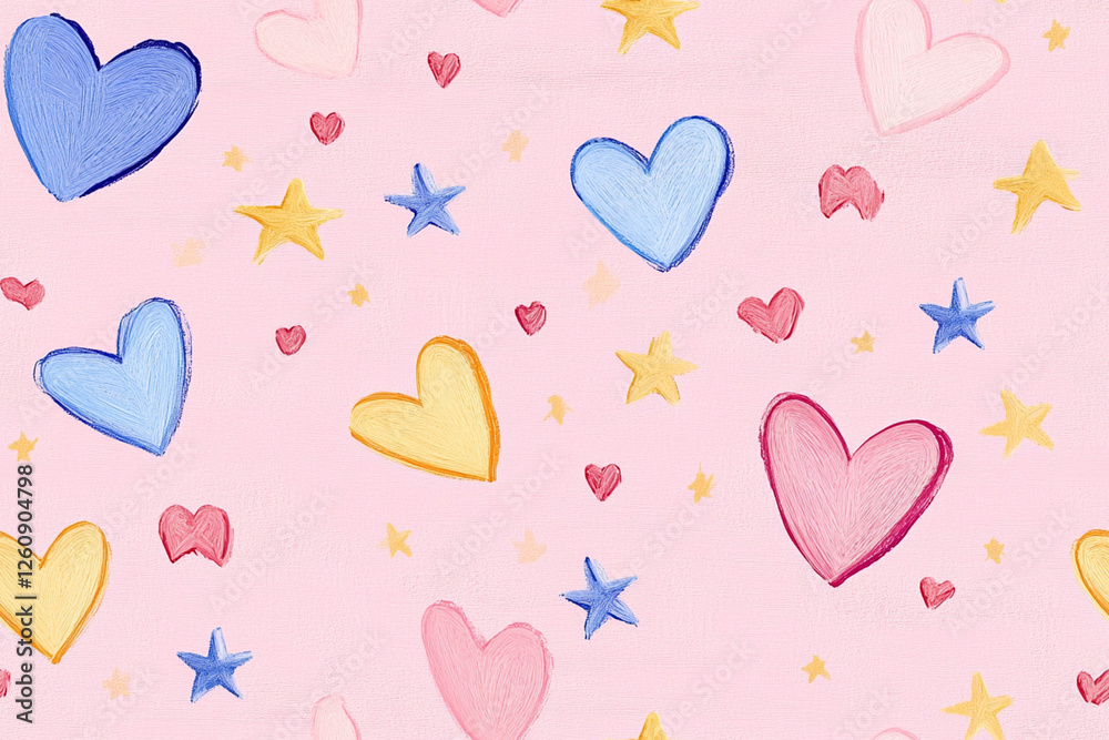 Repeating pattern with hearts and stars, made in a childish style on a pink background, textures, patterns Repeating pattern with hearts and stars, made in a childish style on a pink background, textures, patterns