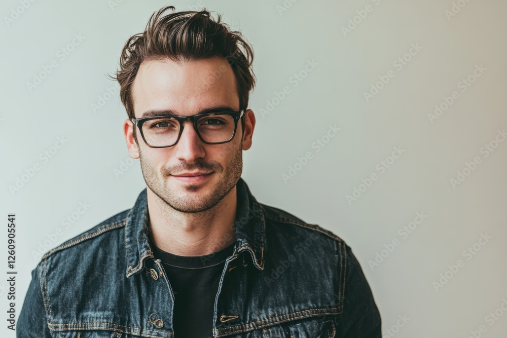 Fototapeta premium Stylish Young Man with Glasses and Denim Jacket Posing Against a Light Background