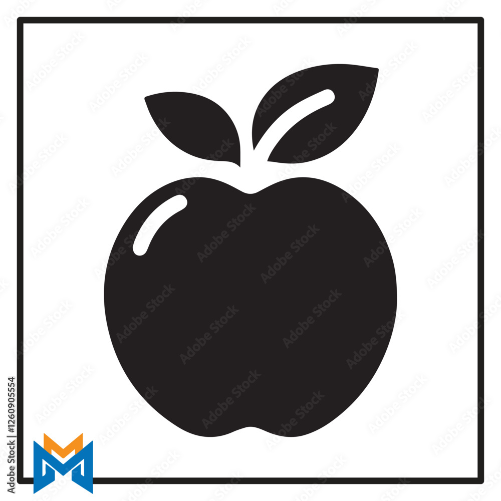 A simple black silhouette of an apple with a leaf on top. A simple black silhouette of an apple with a leaf on top.