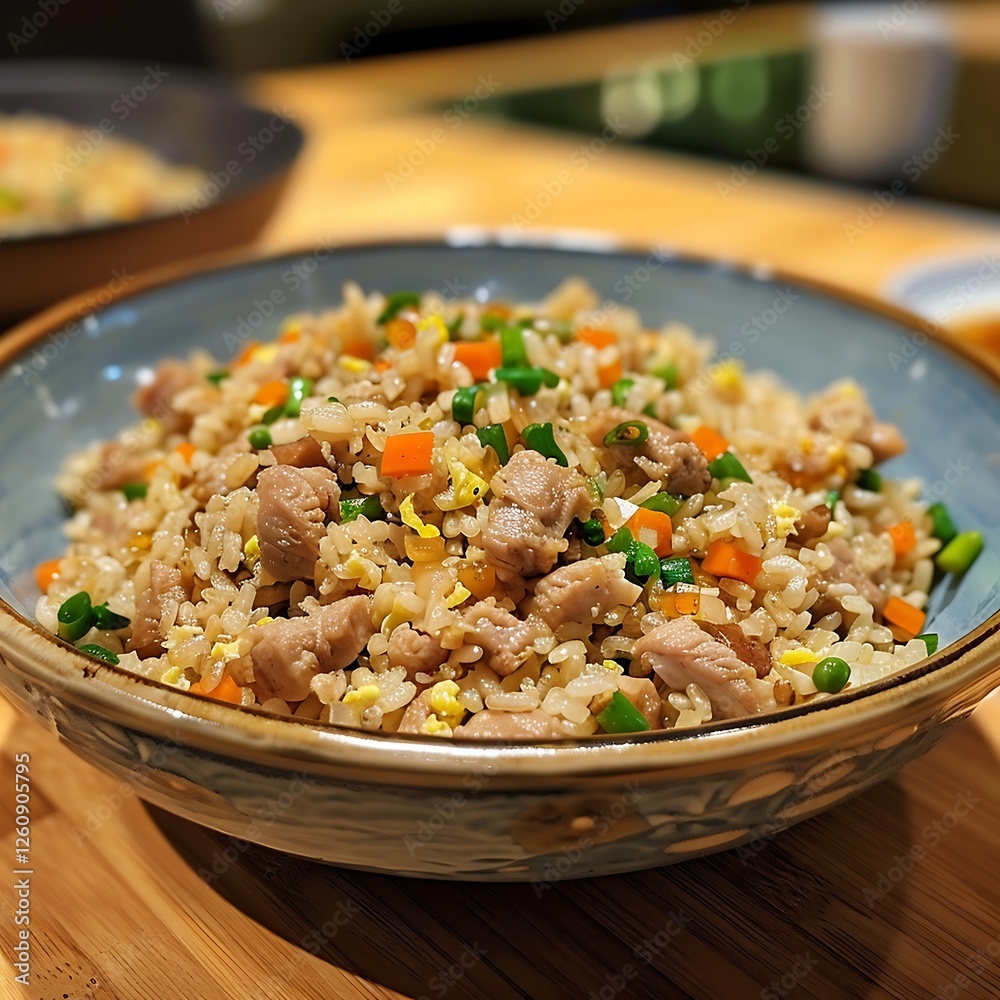 Chinese fried rice with pork and vegetables in a bowl on a black background Chinese fried rice with pork and vegetables in a bowl on a black background