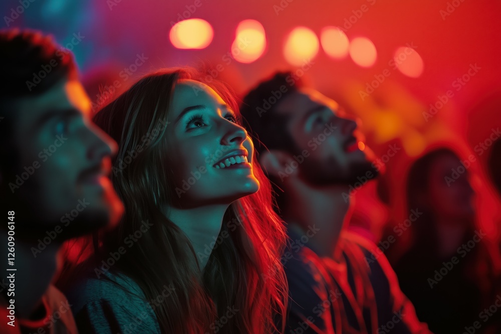 A small group of friends in the front row at a concert, their expressions filled with awe and happiness. A small group of friends in the front row at a concert, their expressions filled with awe and happiness.