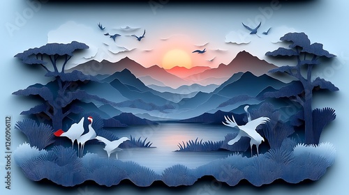 Serene Sunset Landscape With Cranes And Birds