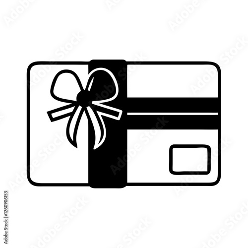 Gift card icon with a bow and ribbon in black and white style, holiday shopping concept

