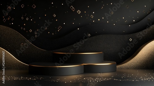 Elegant 3D Podium Display in Black and Gold With Luxury Abstract Background, Perfect for High-End Product Showcase and Awards Presentation