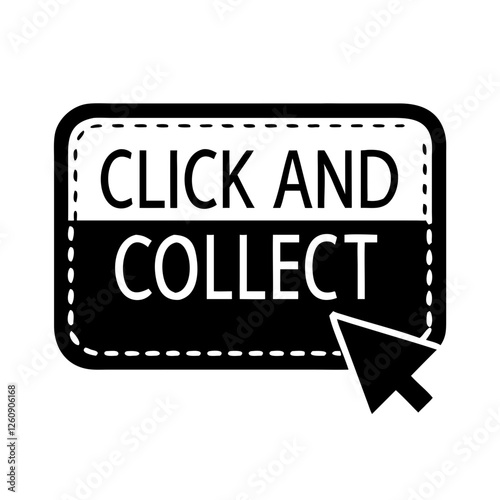 Click and collect button icon with text and cursor in black and white style, online shopping concept